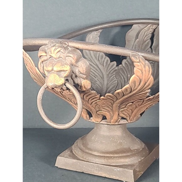 Wrought Iron Metal Basket With Lion Head Handles Pedestal Base Victorian Garden - Picture 9 of 11